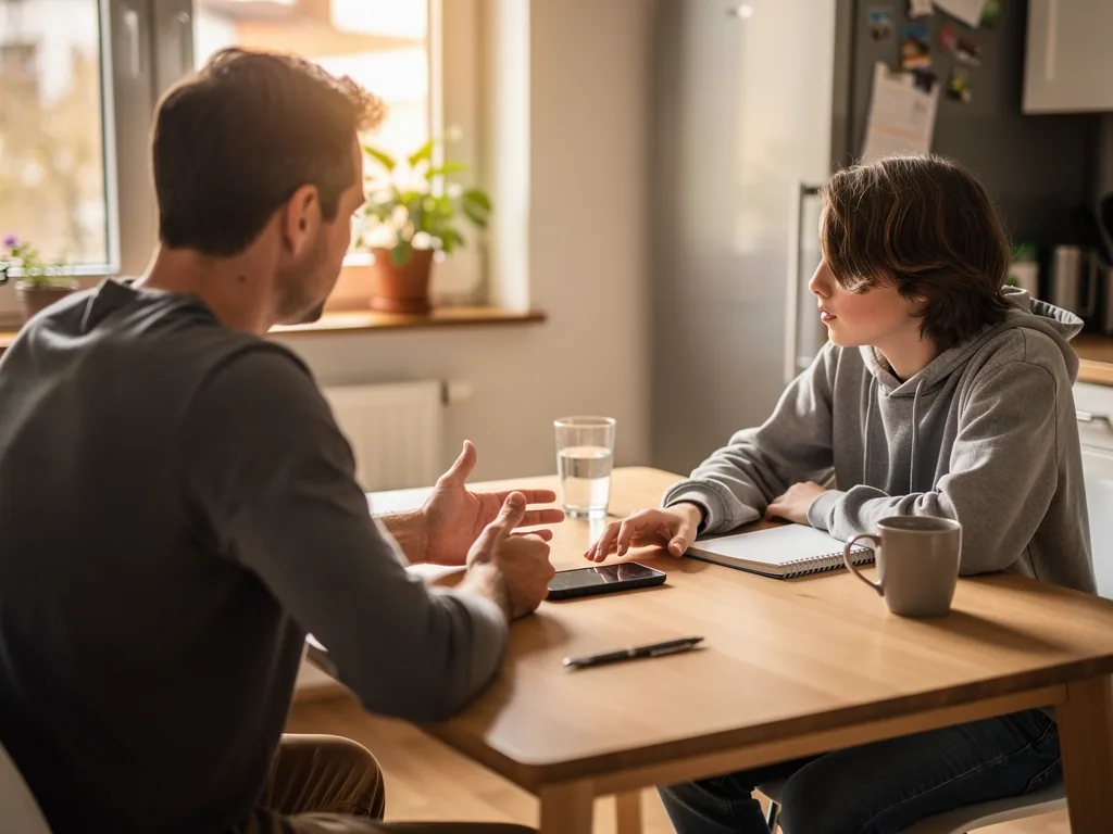 Vater und Teenager sitzen am Küchentisch und sprechen neben Smartphone, Notizbuch, Glas Wasser und Tasse.