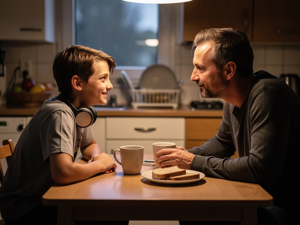 Vater und Teenager sitzen lächelnd mit Tassen am Küchentisch und sprechen miteinander.
