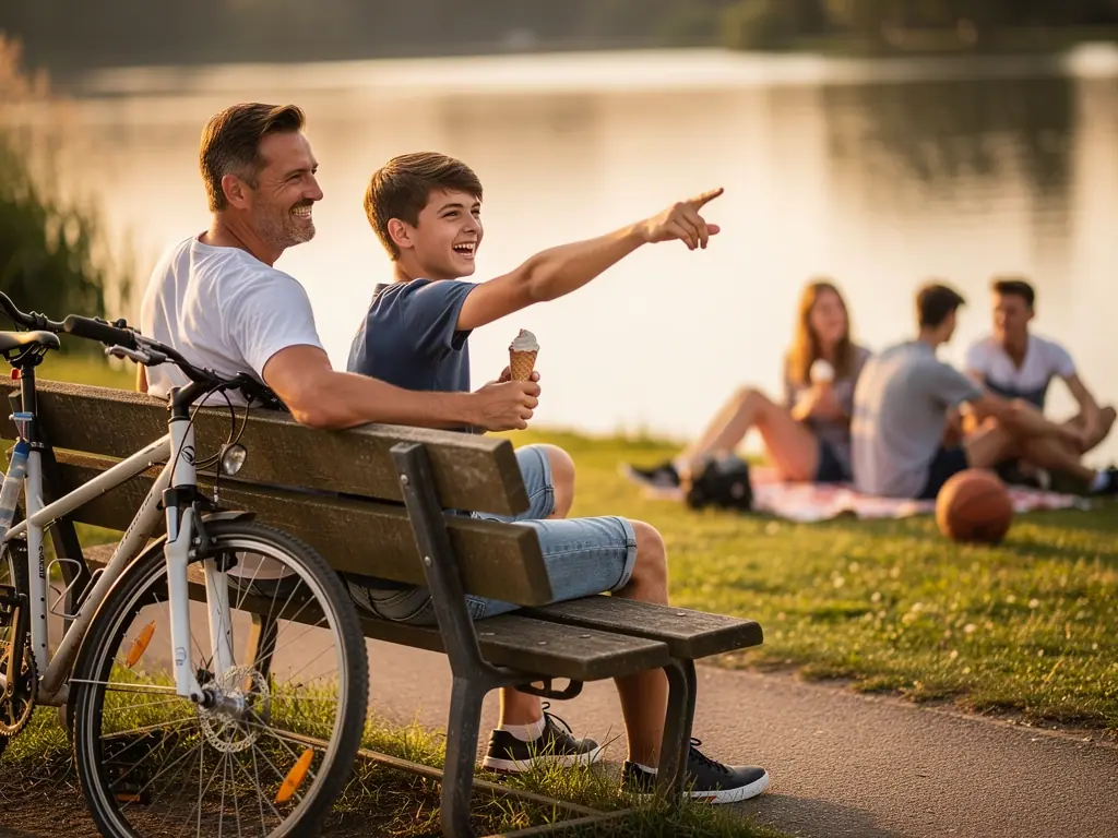Vater und Teenager sitzen mit Eis auf einer Parkbank am See; ein Fahrrad steht daneben, Jugendliche sitzen im Gras.