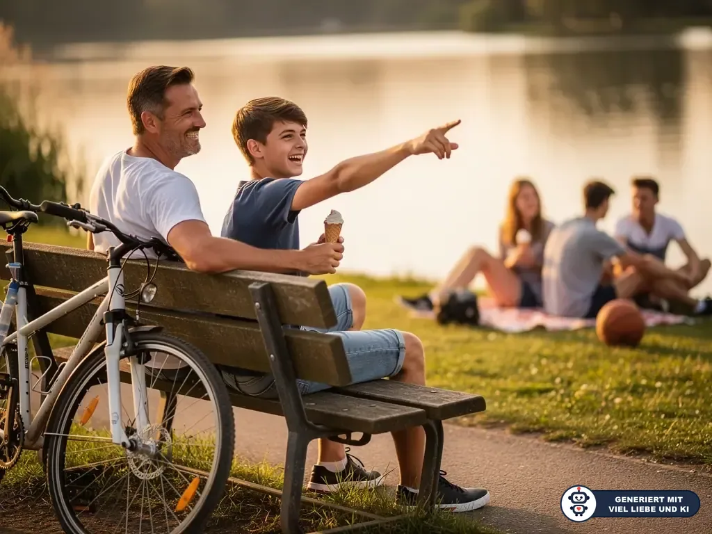 Vater und Teenager sitzen mit Eis auf einer Parkbank am See; ein Fahrrad steht daneben, Jugendliche sitzen im Gras. (mit KI erstellt)