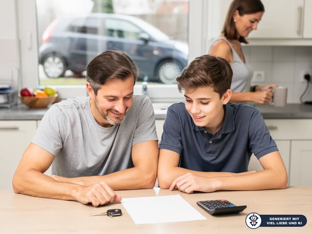 Vater und Teenager sitzen mit Papier, Autoschlüssel und Taschenrechner am Tisch; im Fenster steht ein Auto. (mit KI erstellt)