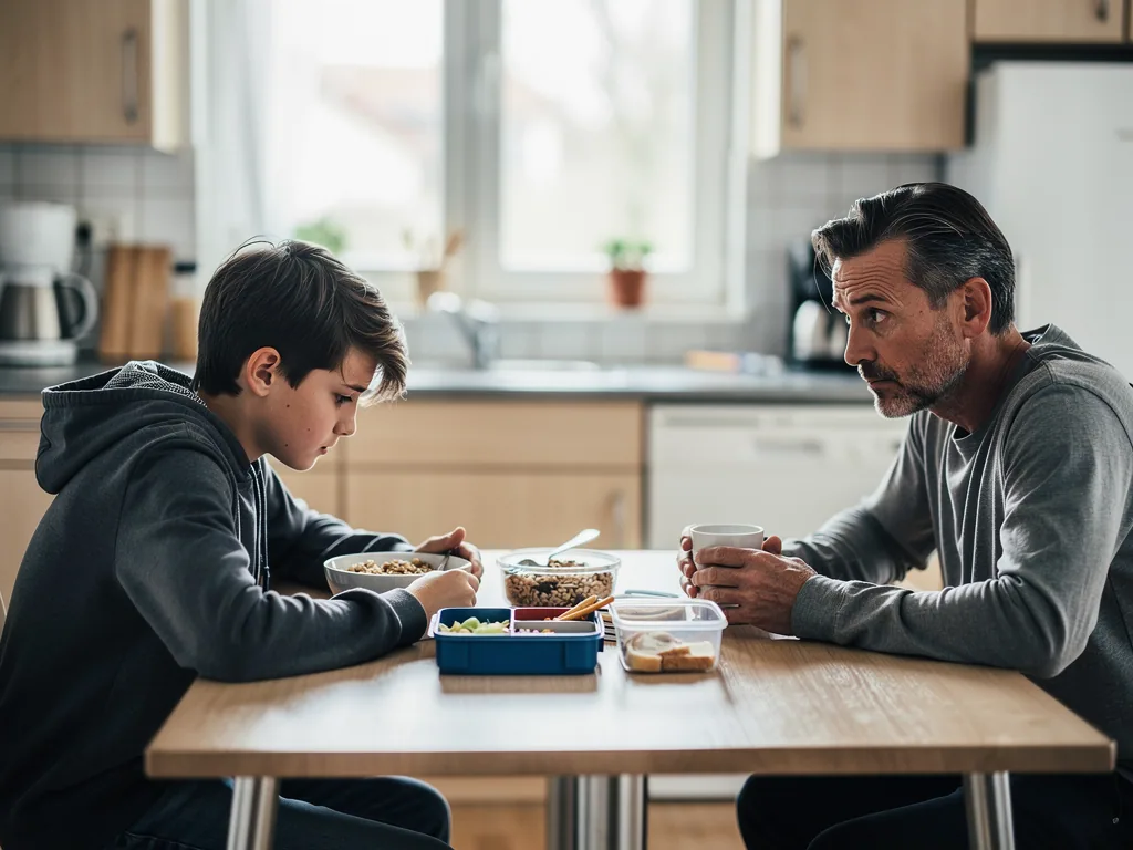 Vater und Teenager sitzen schweigend am Küchentisch; der Sohn schaut auf sein Essen, der Vater hält eine Tasse.