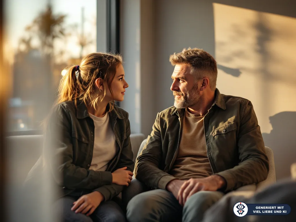 Vater und Teenager-Tochter sitzen im warmen Licht auf dem Sofa und sprechen ernsthaft miteinander. (mit KI erstellt)