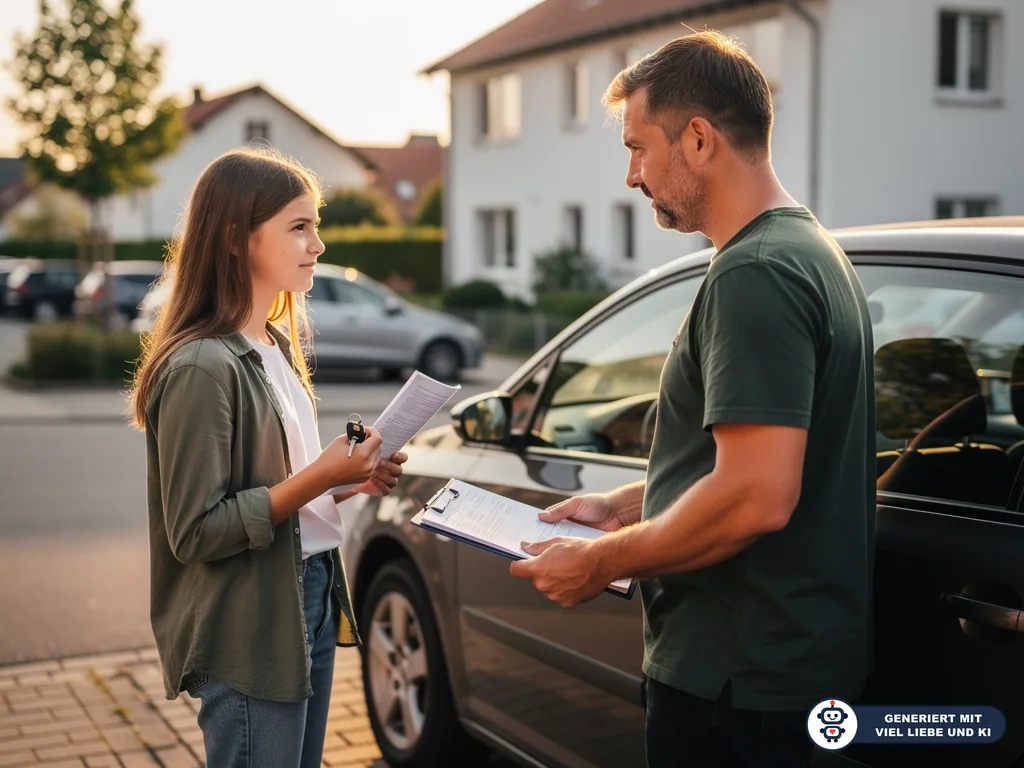 Vater und Teenagerin besprechen mit Autoschlüssel und Unterlagen ein Auto vor einem Wohnhaus. (mit KI erstellt)