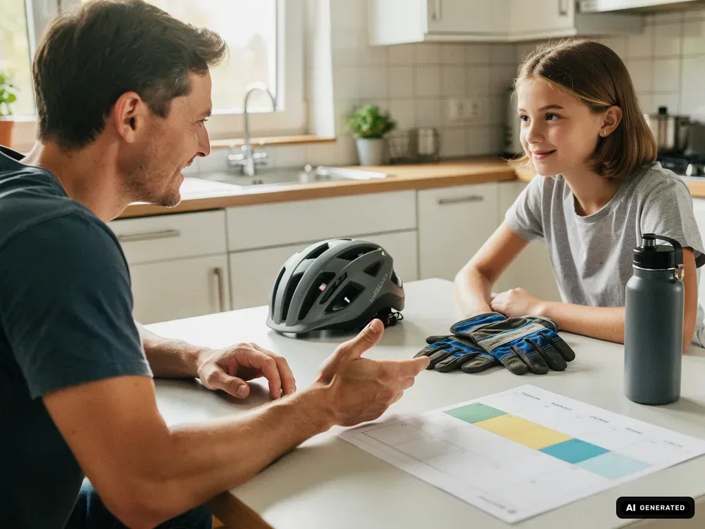 Vater und Teenagerin planen am Küchentisch einen Ferienjob; Helm, Handschuhe, Trinkflasche und Wochenplan liegen bereit. (mit KI erstellt)