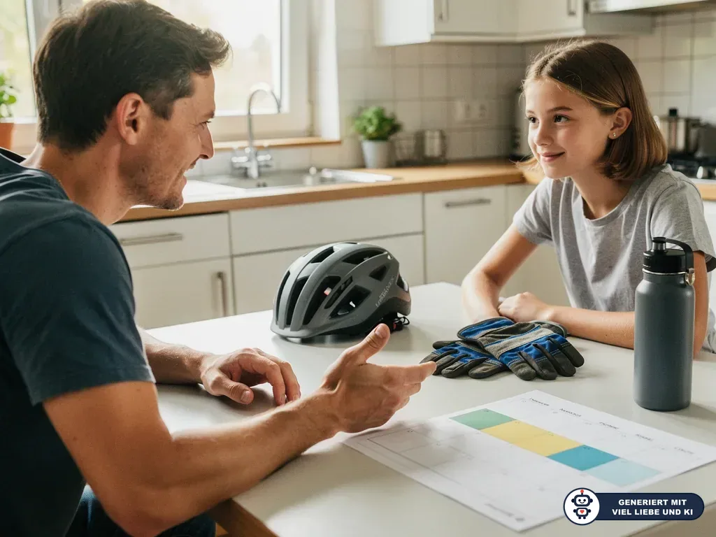 Vater und Teenagerin planen am Küchentisch einen Ferienjob; Helm, Handschuhe, Trinkflasche und Wochenplan liegen bereit. (mit KI erstellt)