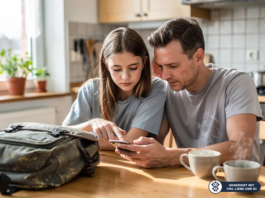Vater und Teenagertochter prüfen gemeinsam ein Smartphone am Küchentisch neben Rucksack und Tassen. (mit KI erstellt)