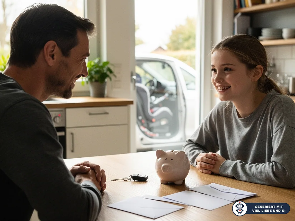Vater und Tochter besprechen am Küchentisch Fahrschulkosten; Sparschwein, Autoschlüssel und Unterlagen liegen bereit. (mit KI erstellt)