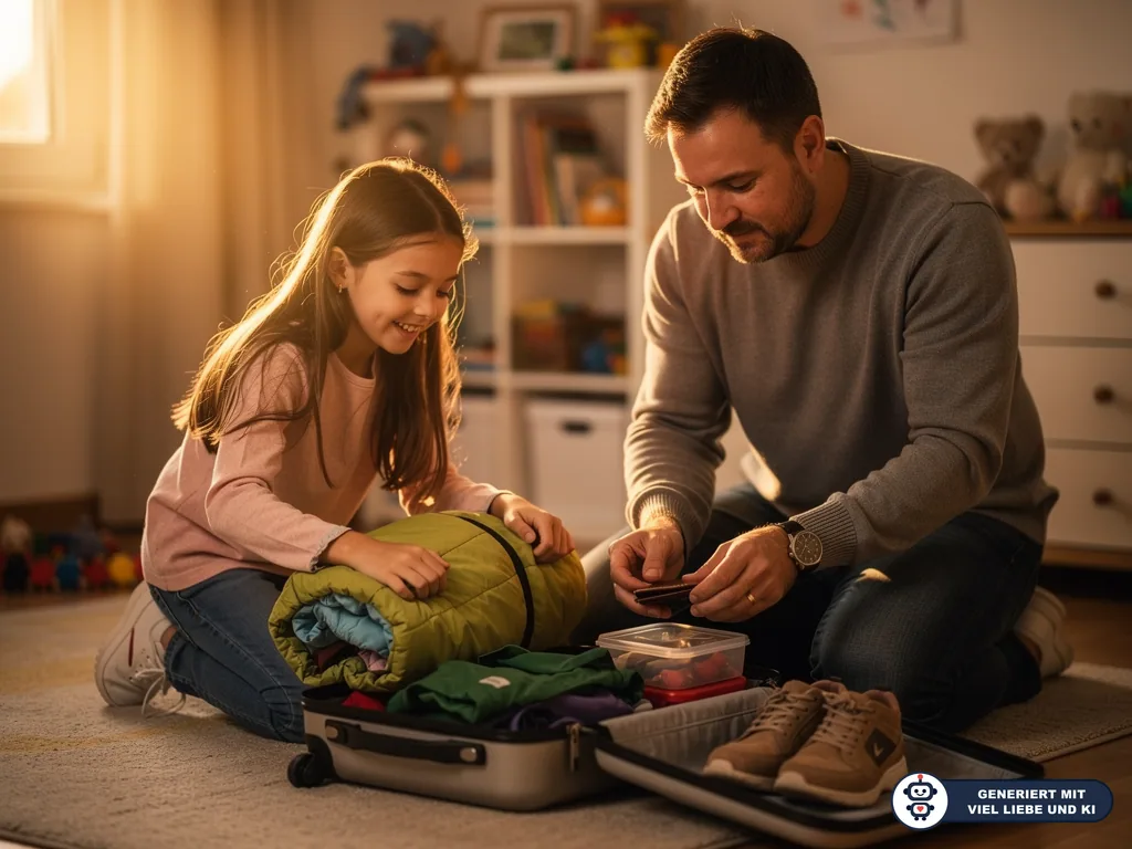 Vater und Tochter packen im Kinderzimmer Kleidung, Schlafsack und Schuhe in einen Koffer für die Klassenfahrt. (mit KI erstellt)