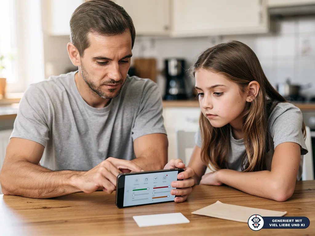 Vater und Tochter prüfen am Küchentisch Sicherheitseinstellungen einer Banking-App auf dem Smartphone. (mit KI erstellt)