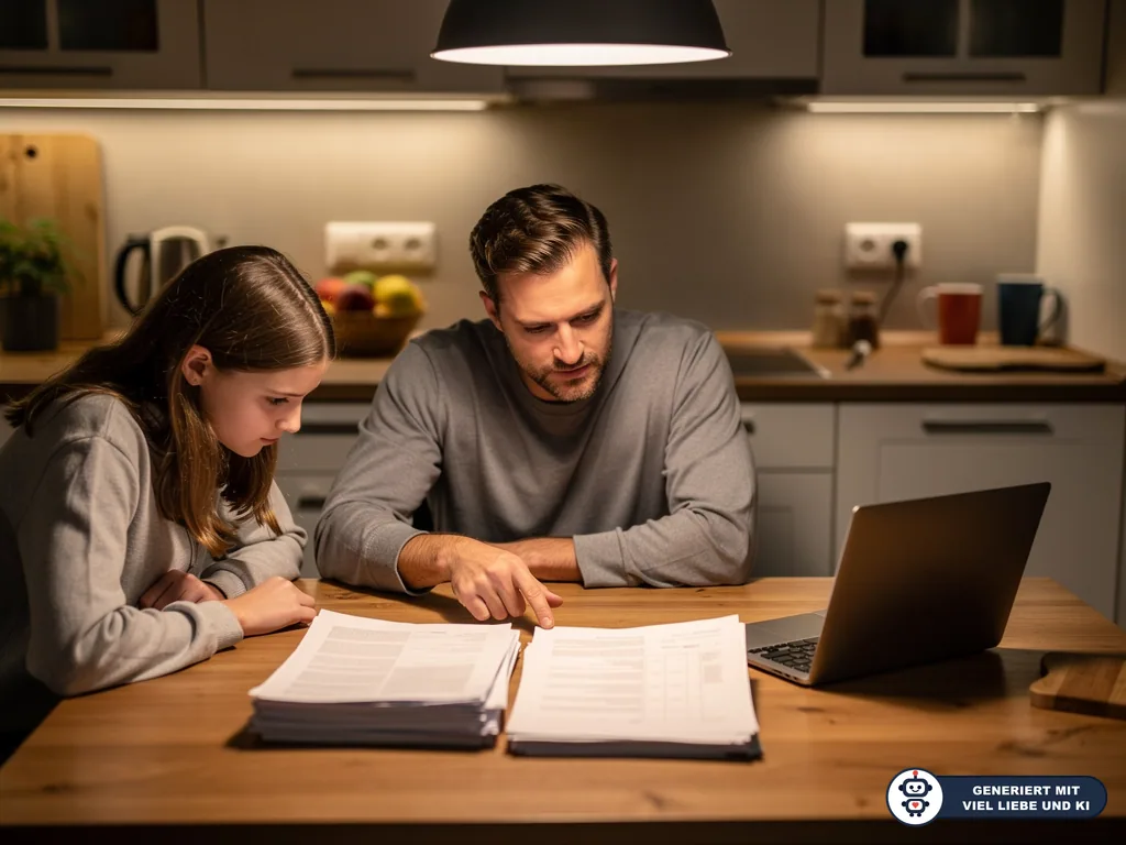 Vater und Tochter prüfen am Küchentisch Unterlagen neben einem Laptop. (mit KI erstellt)