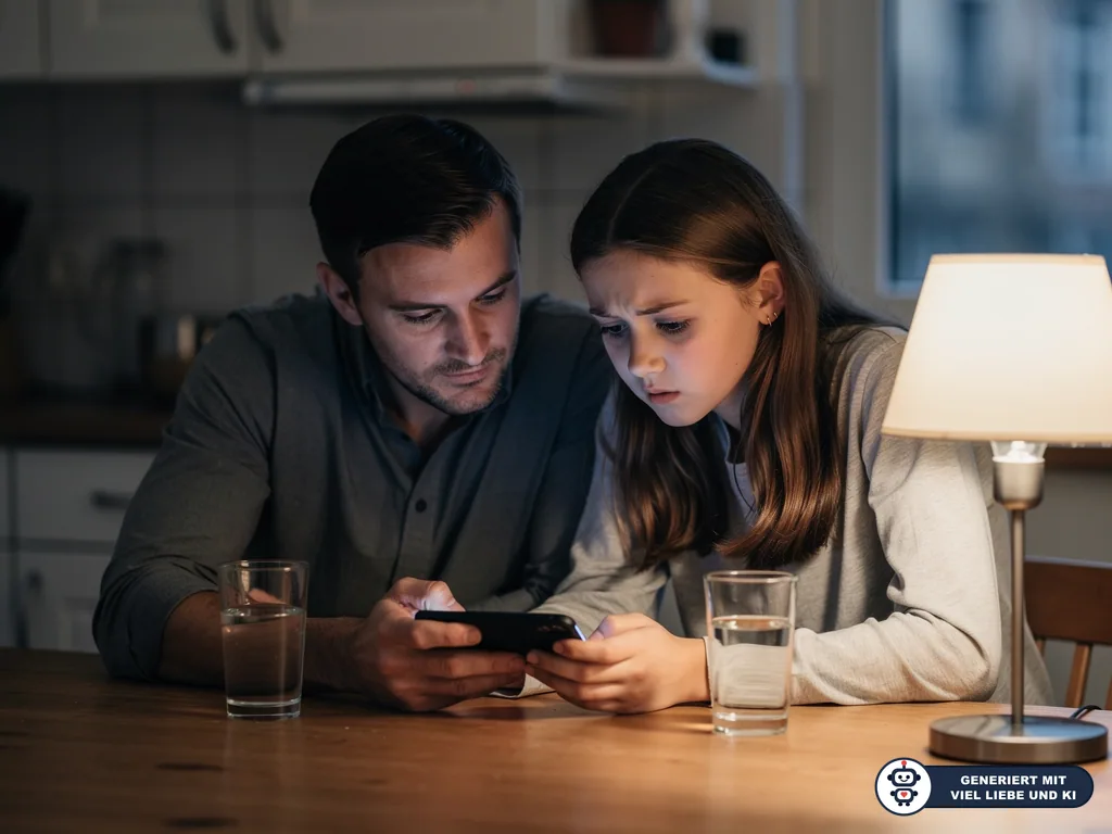 Vater und Tochter schauen abends besorgt gemeinsam auf ein Smartphone am Küchentisch. (mit KI erstellt)