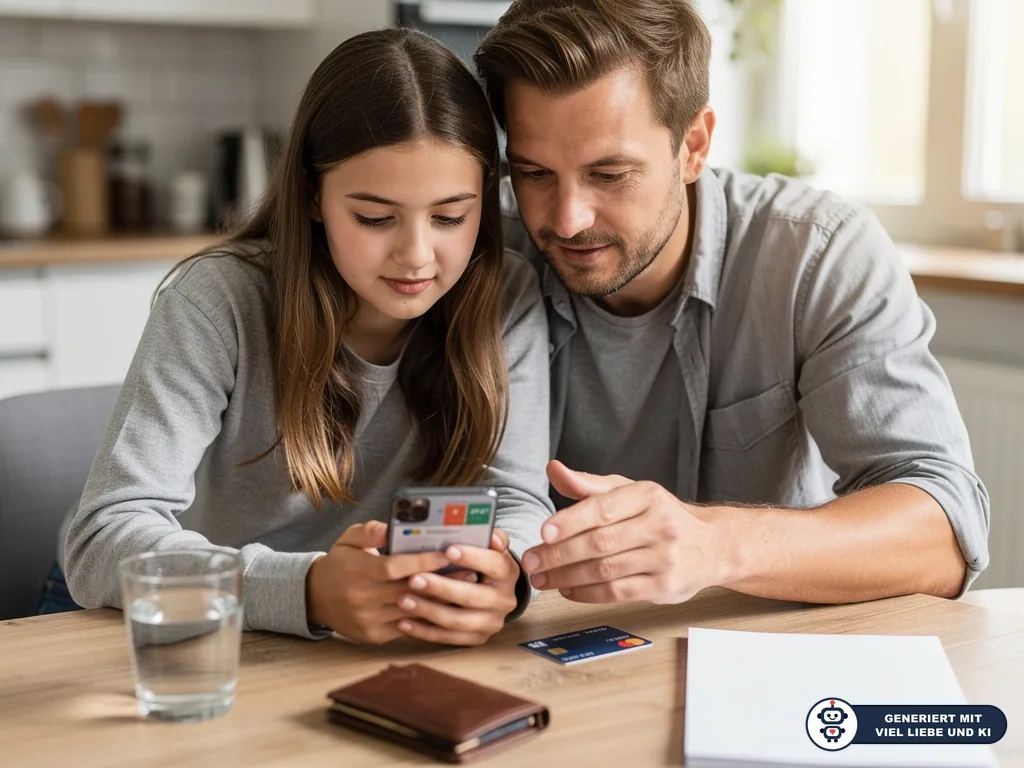 Vater und Tochter schauen gemeinsam auf ein Smartphone, daneben liegen Bankkarte, Portemonnaie und Notizblock auf dem Tisch. (mit KI erstellt)