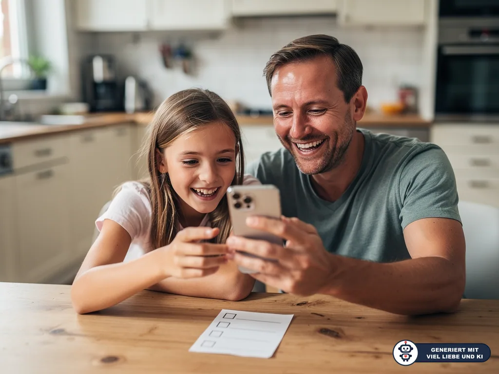 Vater und Tochter schauen lachend gemeinsam auf ein Smartphone; auf dem Küchentisch liegt eine Checkliste. (mit KI erstellt)