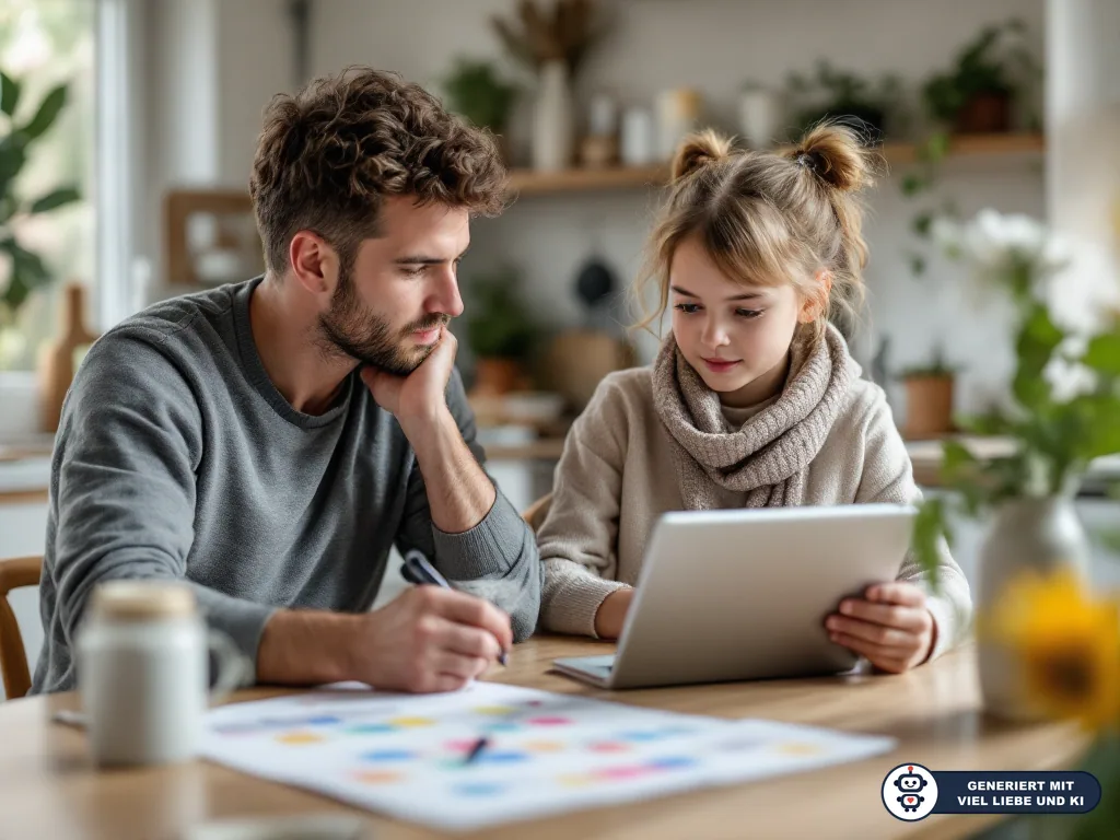 Vater und Tochter sitzen am Küchentisch, schauen auf ein Tablet und besprechen Unterlagen. (mit KI erstellt)