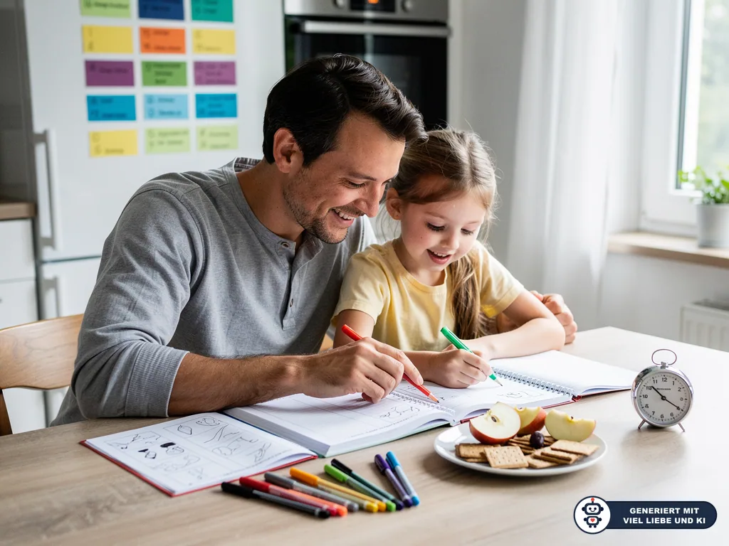Vater und Tochter sitzen am Küchentisch und bearbeiten lächelnd Hausaufgaben mit Stiften, Heften, Snack und Wecker. (mit KI erstellt)