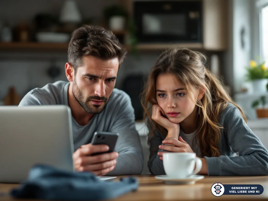 Vater und Tochter sitzen besorgt am Küchentisch vor Laptop und Smartphone. (mit KI erstellt)