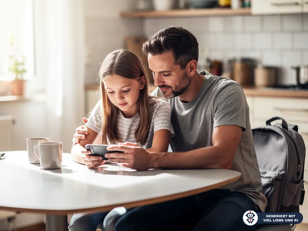 Vater und Tochter sitzen in der Küche und schauen gemeinsam auf ein Smartphone. (mit KI erstellt)