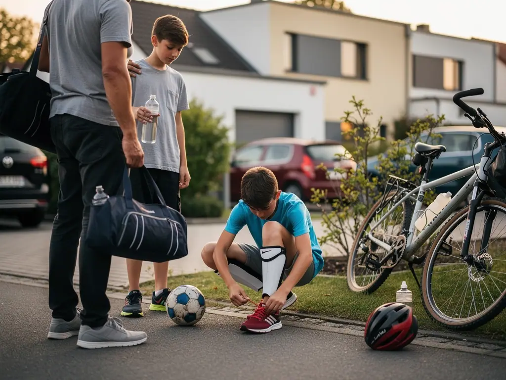 Vater und zwei Jugendliche mit Sporttasche, Fußball und Fahrrädern vor einem Wohnhaus; ein Junge bindet seinen Schuh.