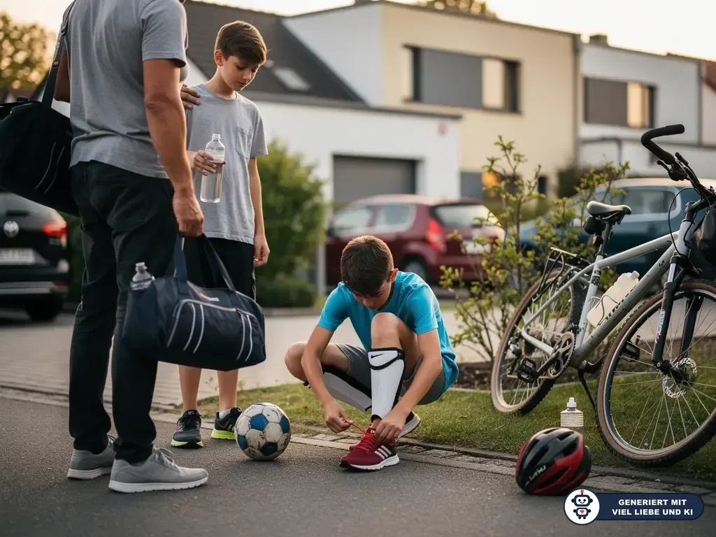 Vater und zwei Jugendliche mit Sporttasche, Fußball und Fahrrädern vor einem Wohnhaus; ein Junge bindet seinen Schuh. (mit KI erstellt)