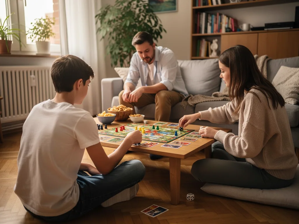 Vater und zwei Jugendliche spielen ein Brettspiel am Couchtisch im Wohnzimmer.