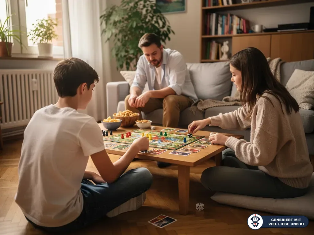 Vater und zwei Jugendliche spielen ein Brettspiel am Couchtisch im Wohnzimmer. (mit KI erstellt)
