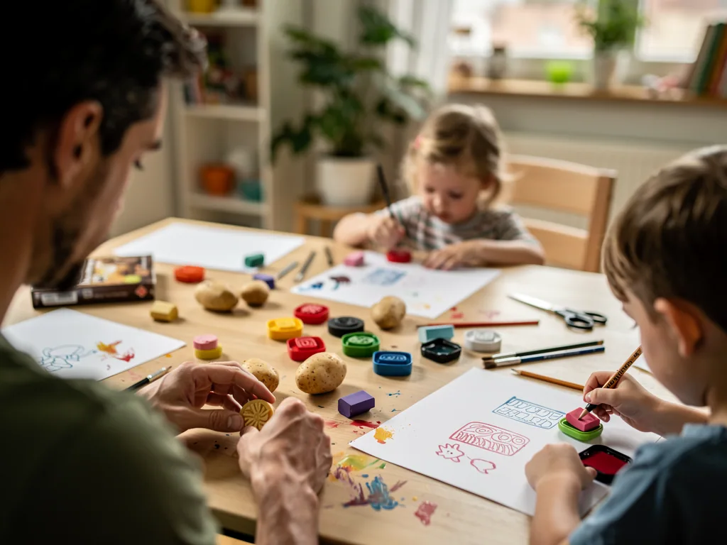 Vater und zwei Kinder basteln am Tisch Stempel mit Kartoffeln, Stempelkissen und Papier.