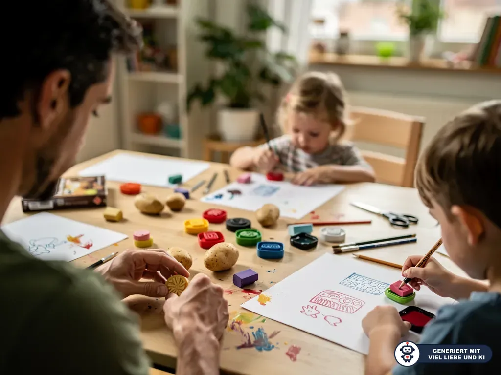 Vater und zwei Kinder basteln am Tisch Stempel mit Kartoffeln, Stempelkissen und Papier. (mit KI erstellt)