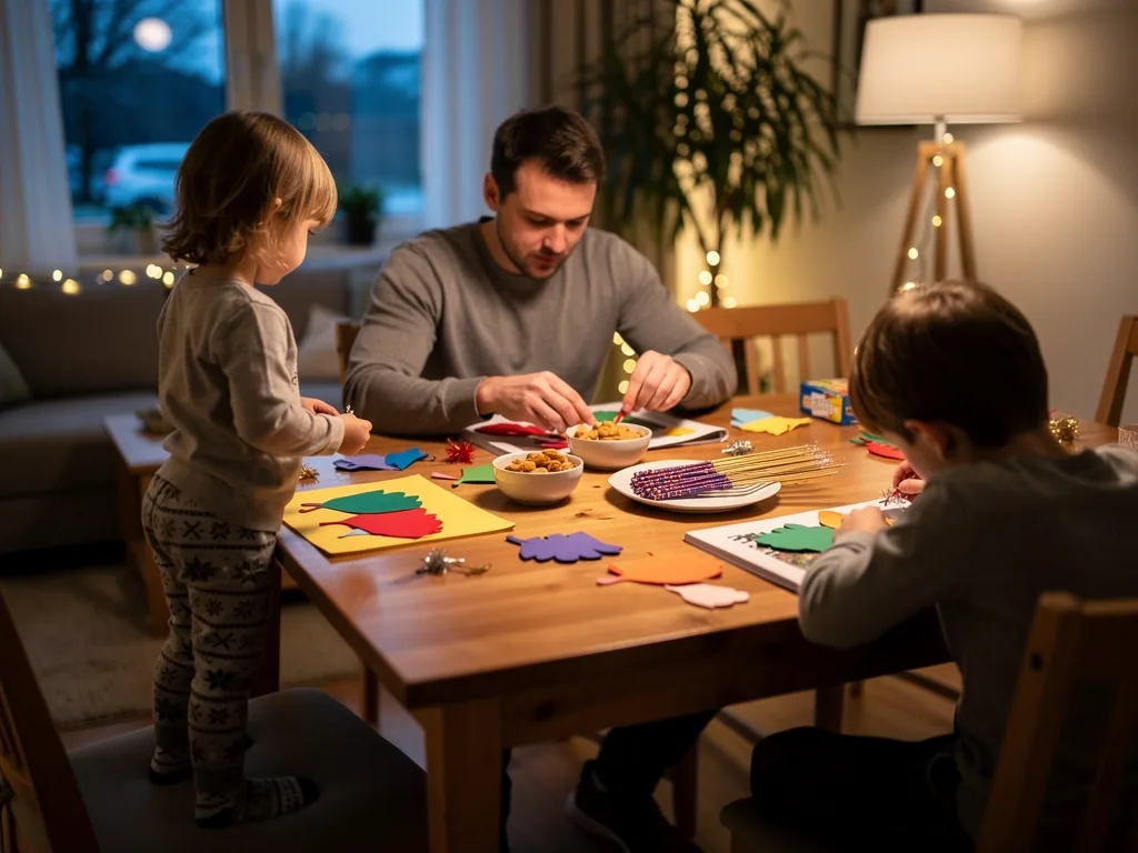 Vater und zwei Kinder basteln an einem Tisch mit Snacks und Silvesterdeko im warm beleuchteten Wohnzimmer.