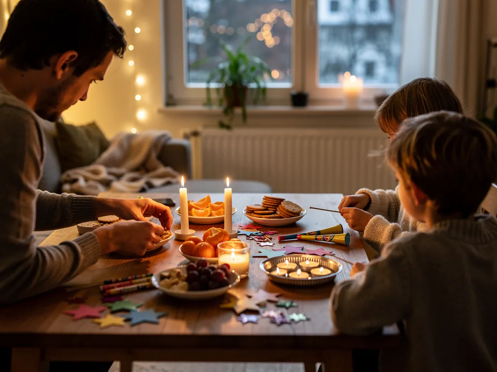 Vater und zwei Kinder basteln an Silvester am Tisch mit Snacks, Kerzen und Konfetti in gemütlichem Wohnzimmer.
