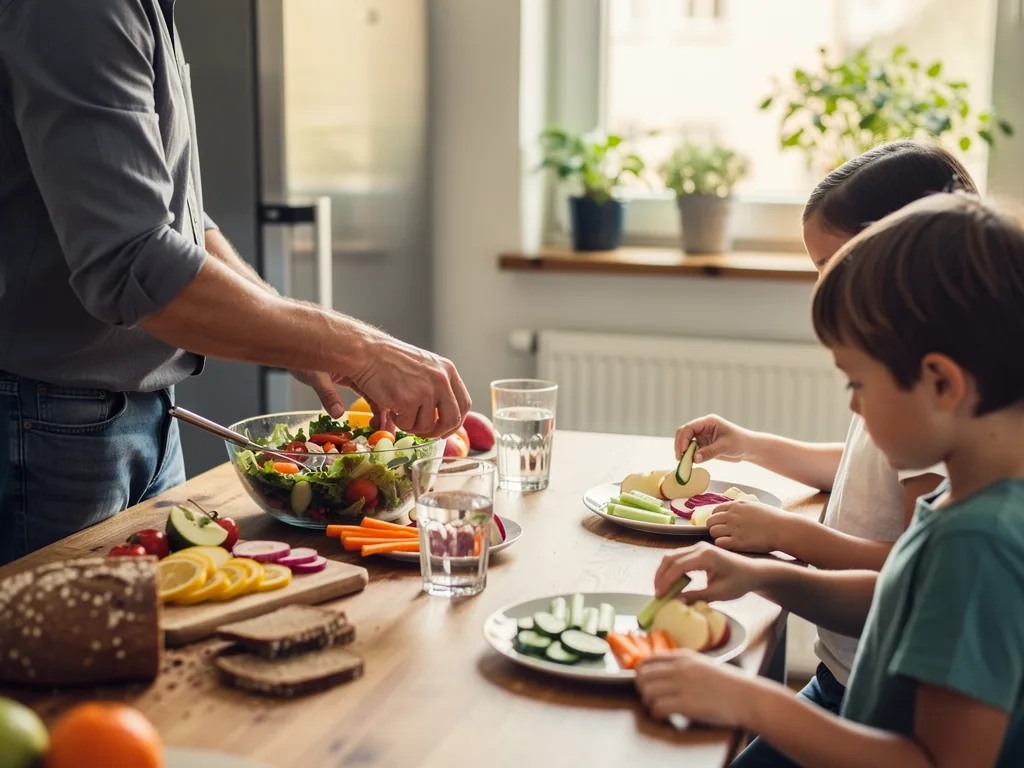 Vater und zwei Kinder bereiten am Küchentisch Salat, Gemüsesticks, Obst, Brot und Wasser zu.