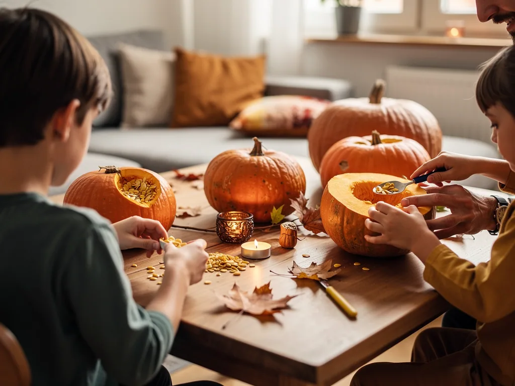 Vater und zwei Kinder höhlen am Wohnzimmertisch Kürbisse für Halloween aus.