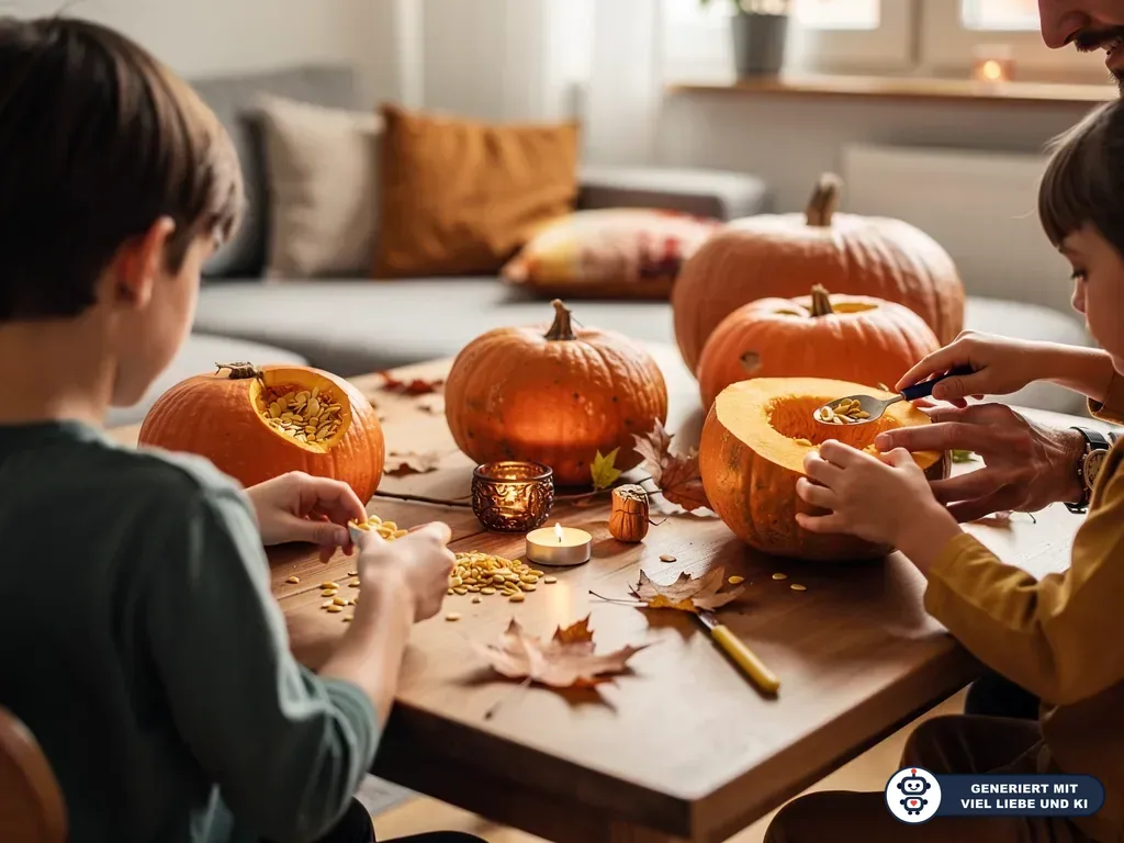 Vater und zwei Kinder höhlen am Wohnzimmertisch Kürbisse für Halloween aus. (mit KI erstellt)
