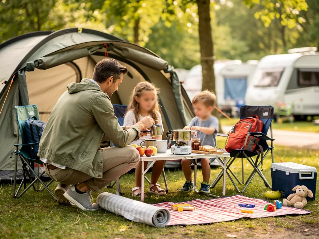 Vater und zwei Kinder kochen vor einem Zelt auf dem Campingplatz, mit Wohnwagen, Picknickdecke und Spielzeug im Hintergrund.