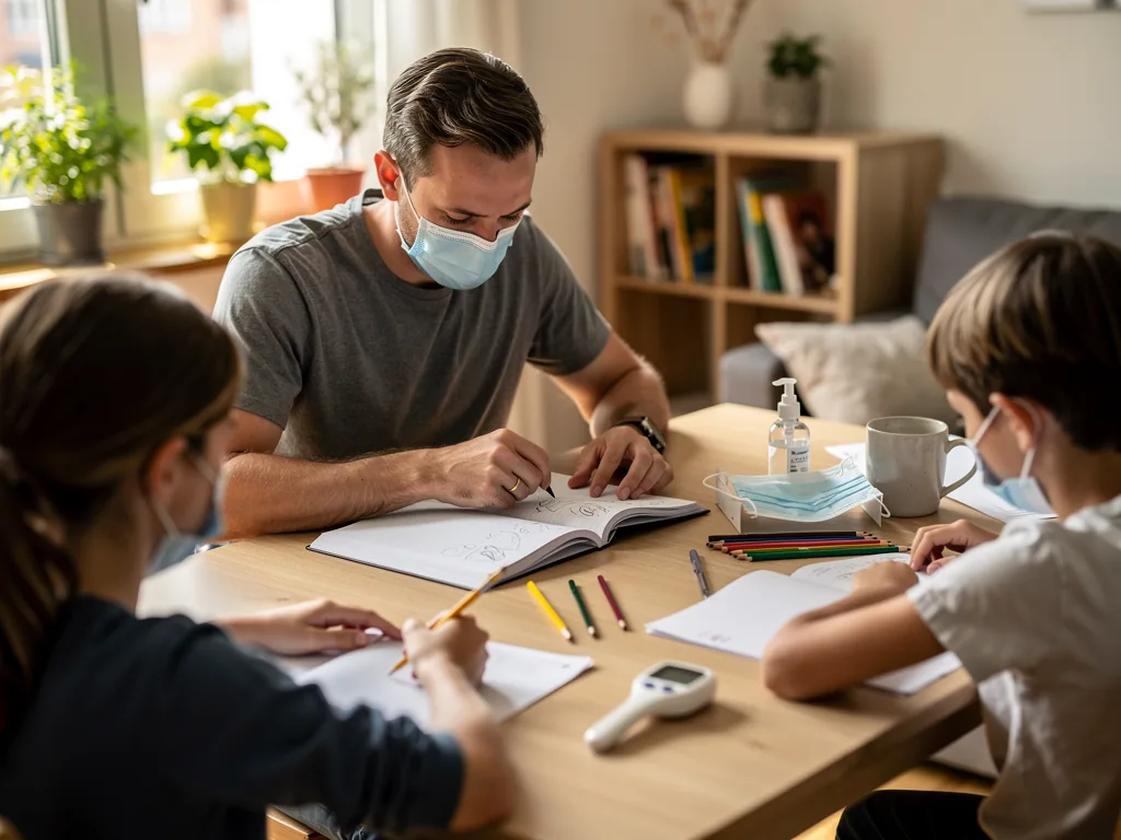 Vater und zwei Kinder mit Masken machen Hausaufgaben; auf dem Tisch liegen Desinfektionsmittel und Fieberthermometer.