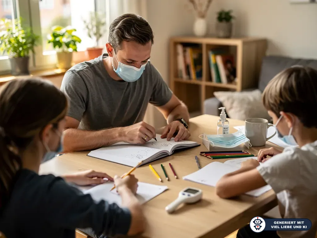 Vater und zwei Kinder mit Masken machen Hausaufgaben; auf dem Tisch liegen Desinfektionsmittel und Fieberthermometer. (mit KI erstellt)
