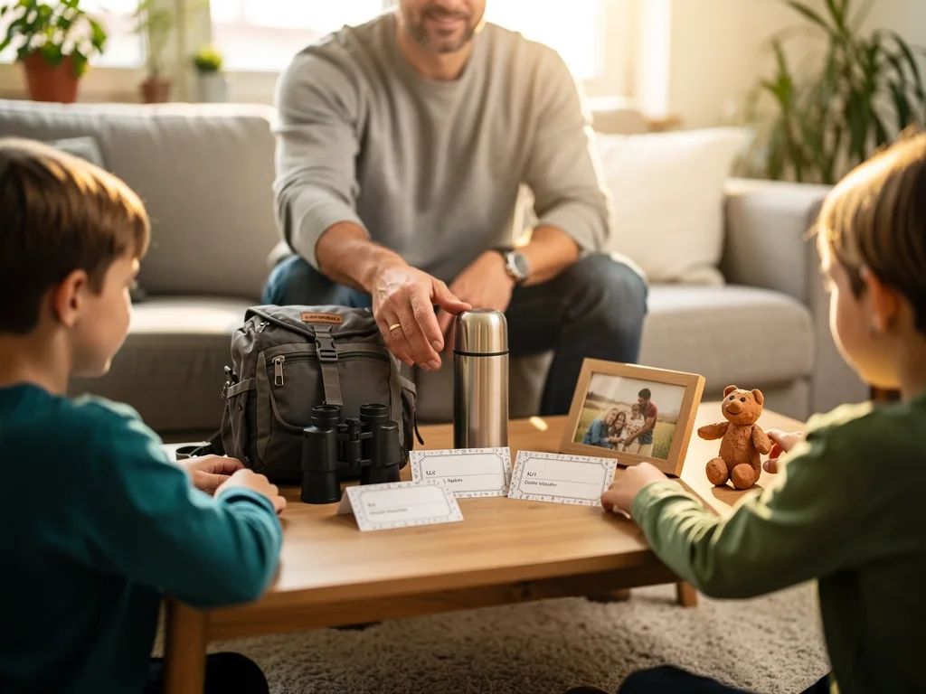 Vater und zwei Kinder planen am Wohnzimmertisch mit Ausrüstung, Foto und Notizzetteln eine Geschenkidee.