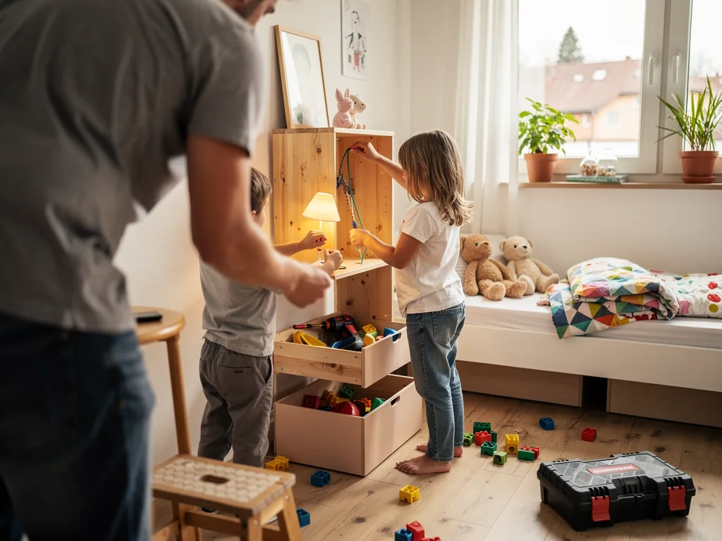 Vater und zwei Kinder räumen Spielzeug in einem Kinderzimmer mit offenem Regal und Bett am Fenster ein.