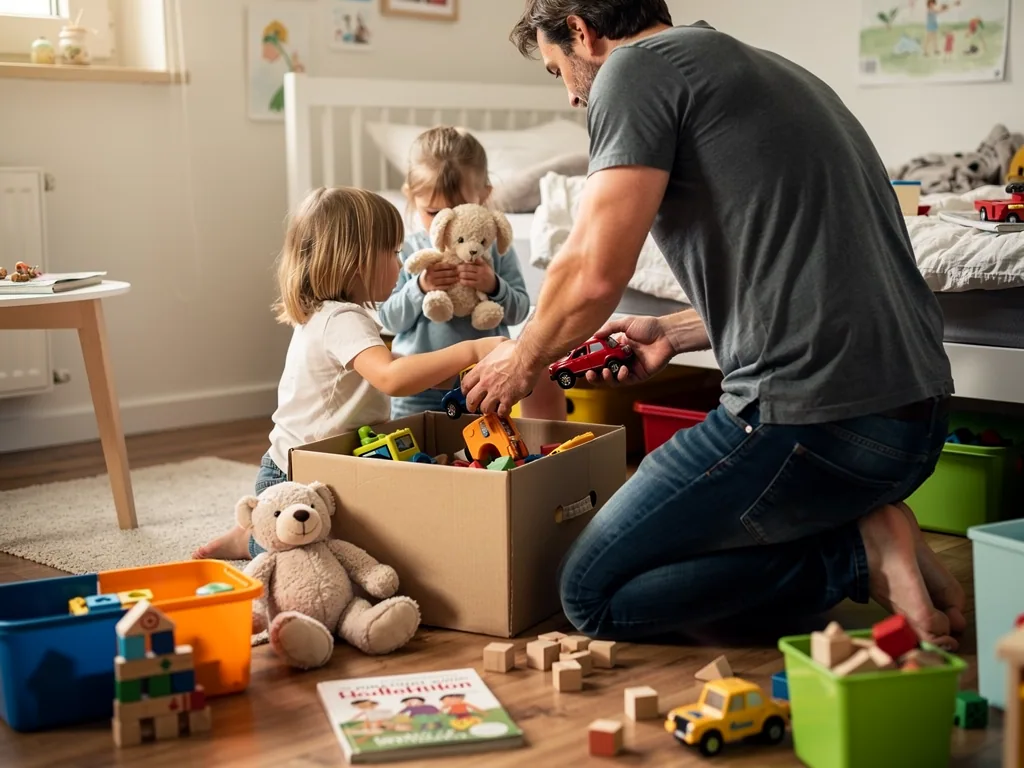 Vater und zwei Kinder räumen Spielzeugautos und Bausteine in Kisten im Kinderzimmer auf.