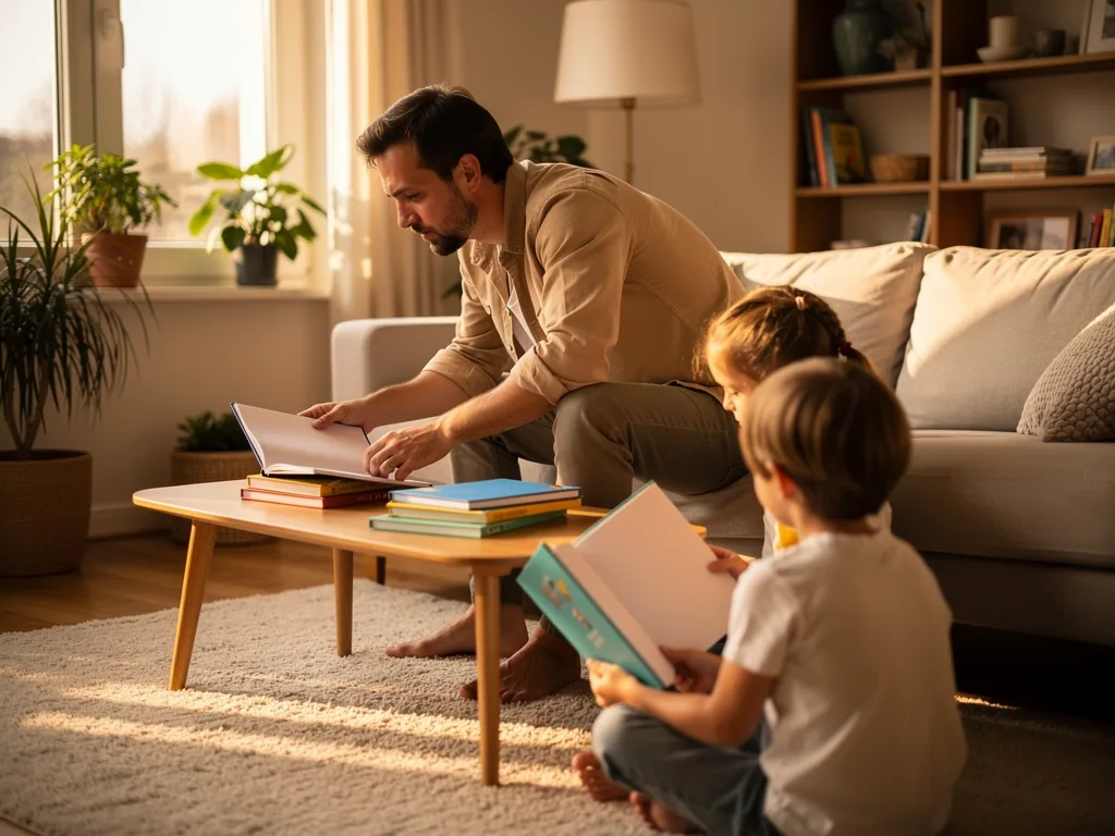 Vater und zwei Kinder schauen im Wohnzimmer Kinderbücher an einem Couchtisch an.