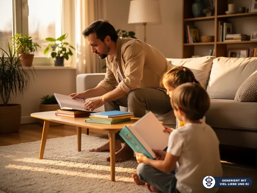 Vater und zwei Kinder schauen im Wohnzimmer Kinderbücher an einem Couchtisch an. (mit KI erstellt)