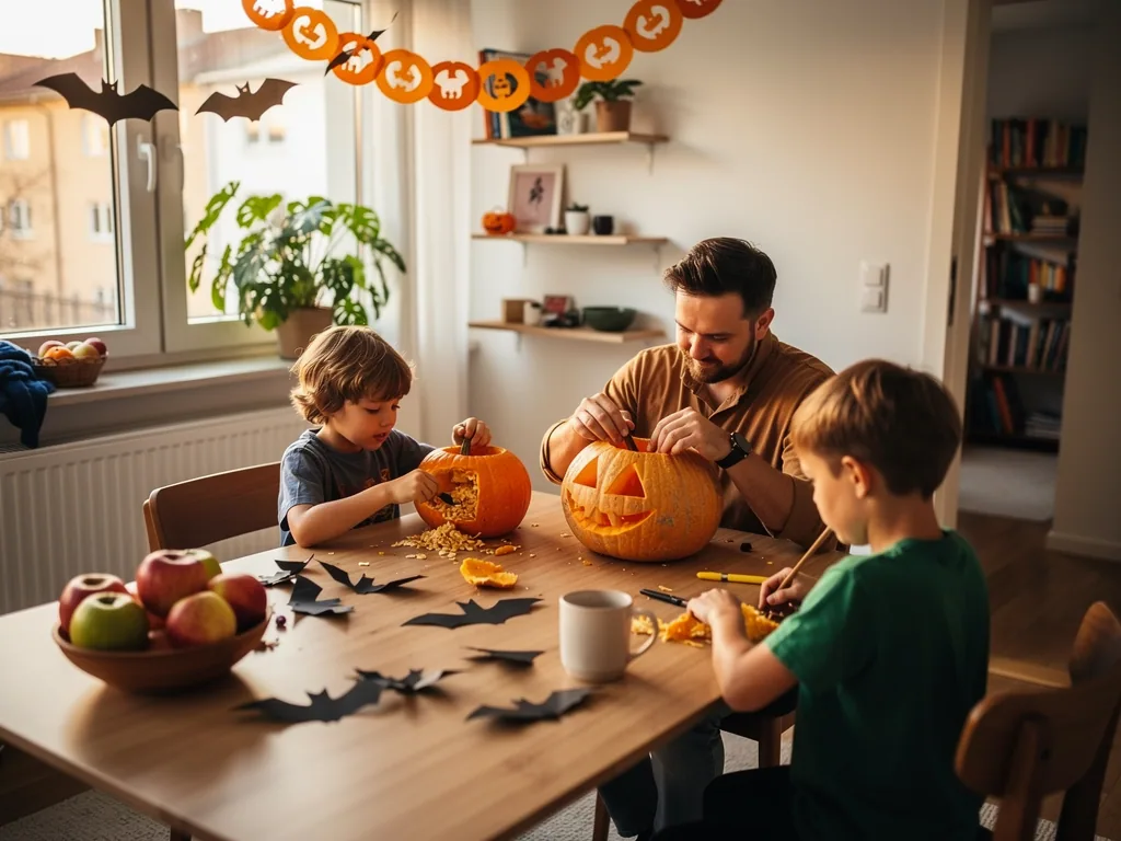 Vater und zwei Kinder schnitzen Kürbisse am Tisch in halloween-dekorierter Wohnung.