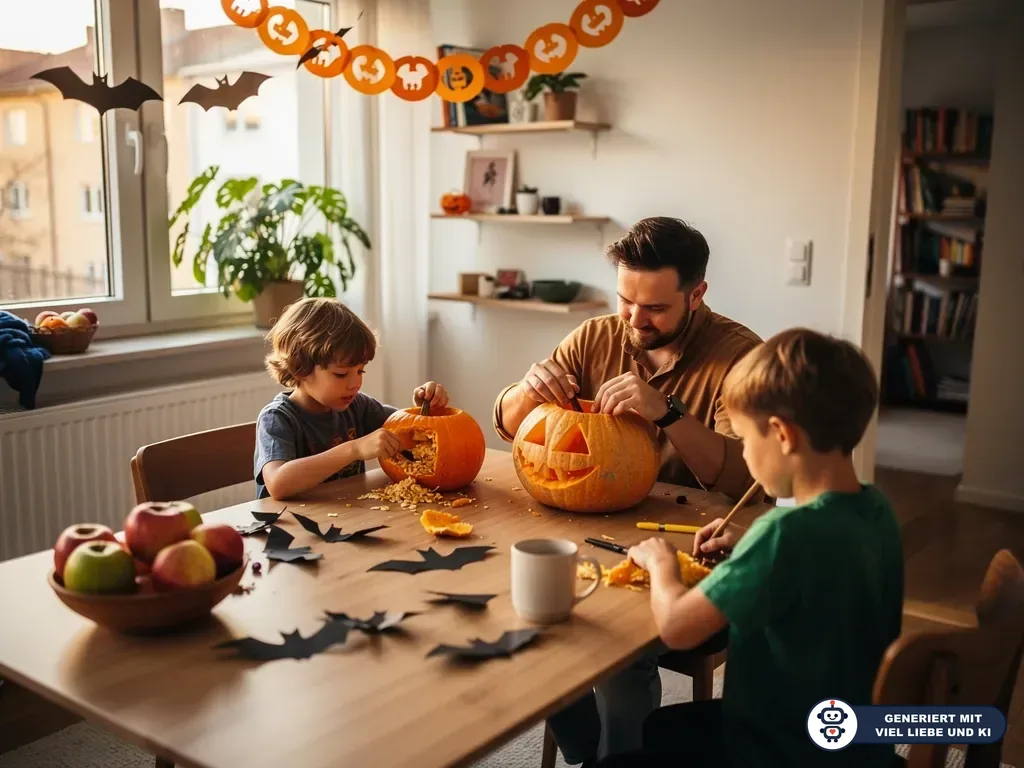 Vater und zwei Kinder schnitzen Kürbisse am Tisch in halloween-dekorierter Wohnung. (mit KI erstellt)