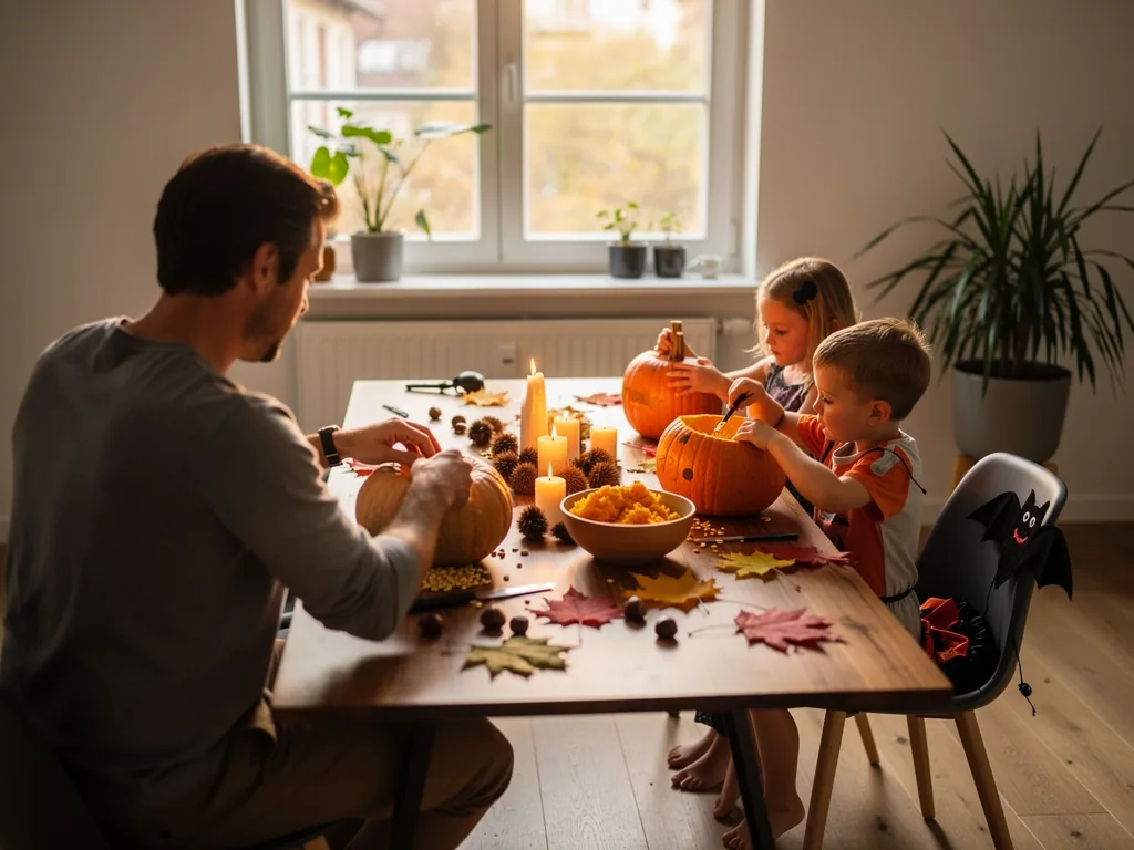 Vater und zwei Kinder schnitzen Kürbisse am Tisch mit Kerzen, Herbstlaub und Halloween-Deko.