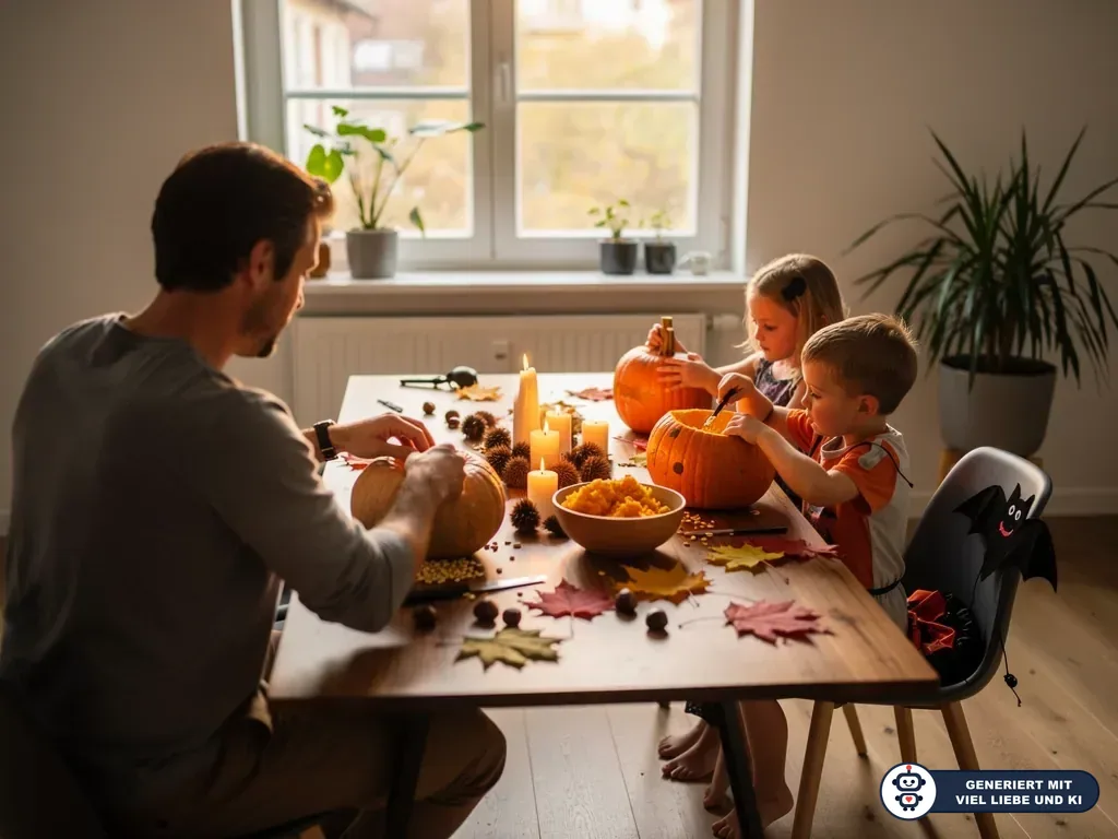 Vater und zwei Kinder schnitzen Kürbisse am Tisch mit Kerzen, Herbstlaub und Halloween-Deko. (mit KI erstellt)