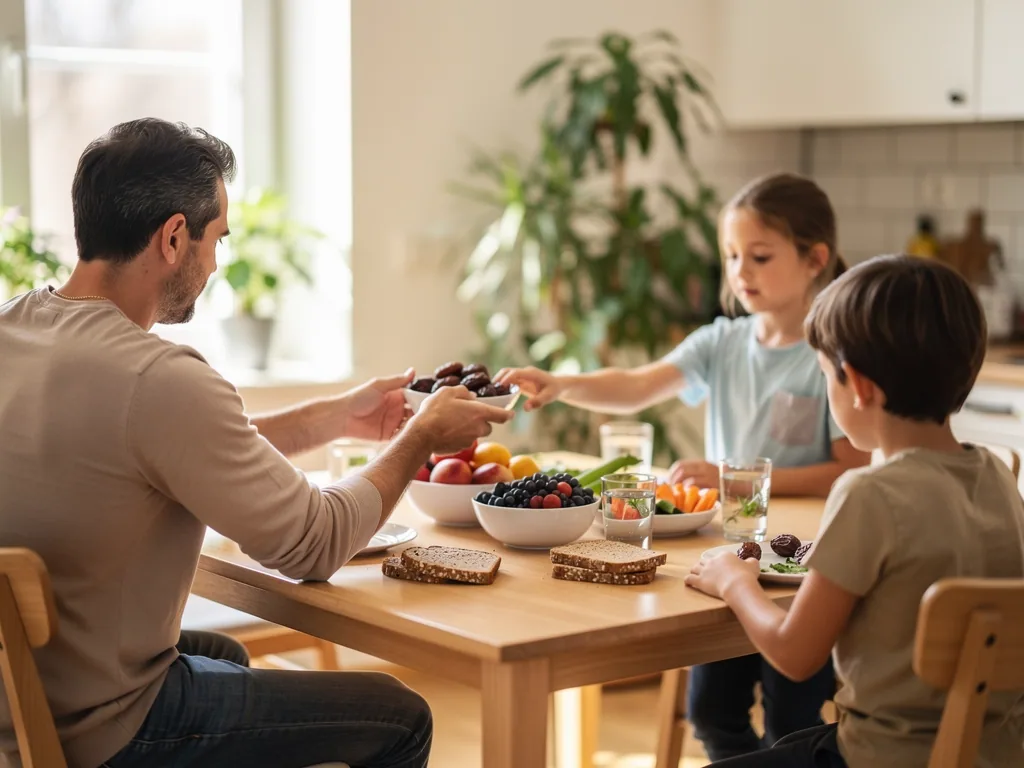Vater und zwei Kinder sitzen am Küchentisch mit Datteln, Obst, Brot, Gemüse und Wasser.