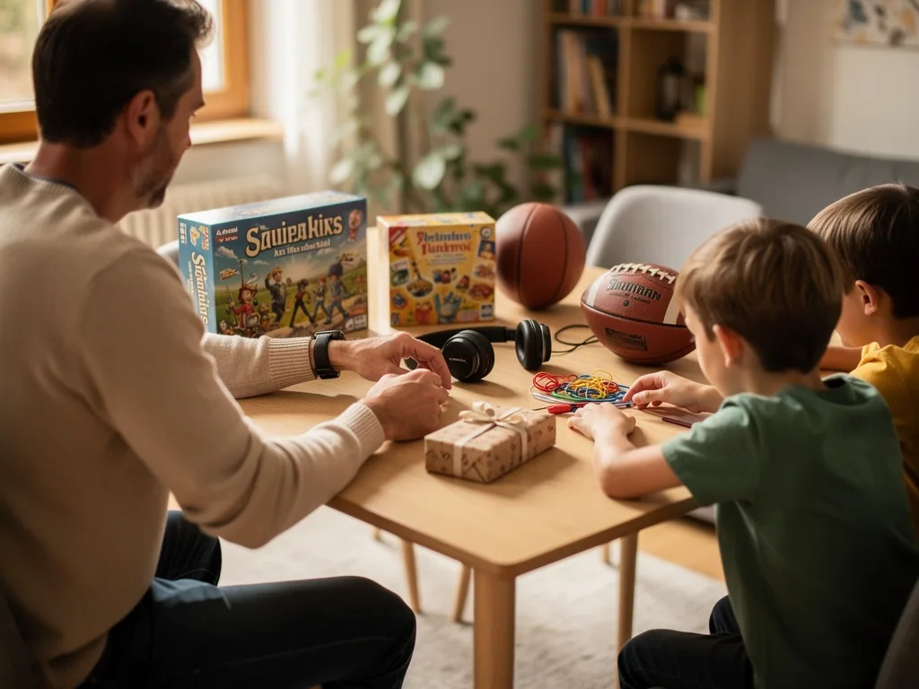 Vater und zwei Kinder sitzen an einem Tisch mit wenigen Geschenken, Spielen, Kopfhörern und Bällen.