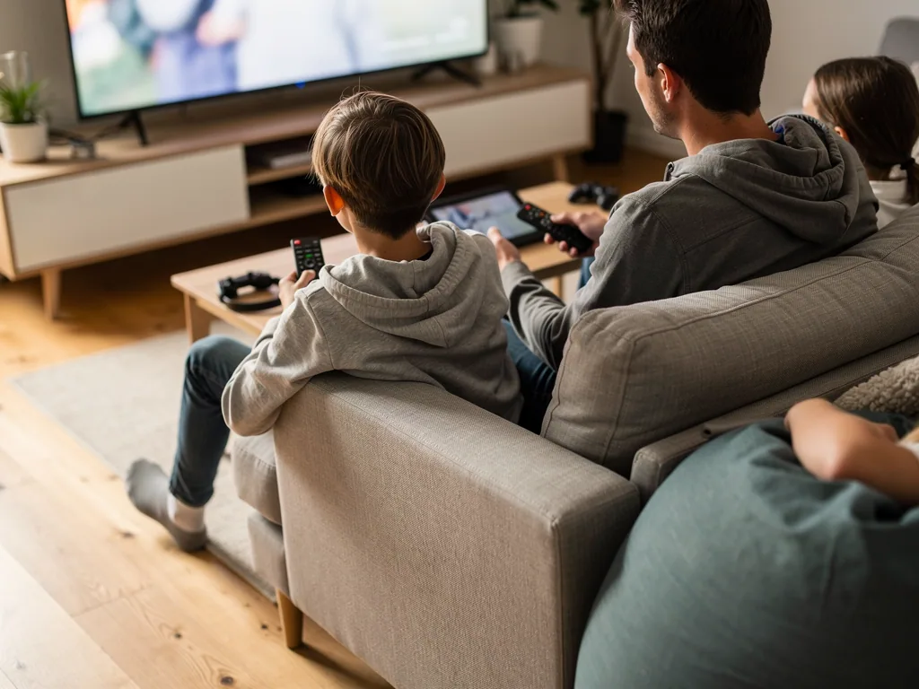 Vater und zwei Kinder sitzen auf dem Sofa und steuern Fernseher und Tablet mit Fernbedienungen.