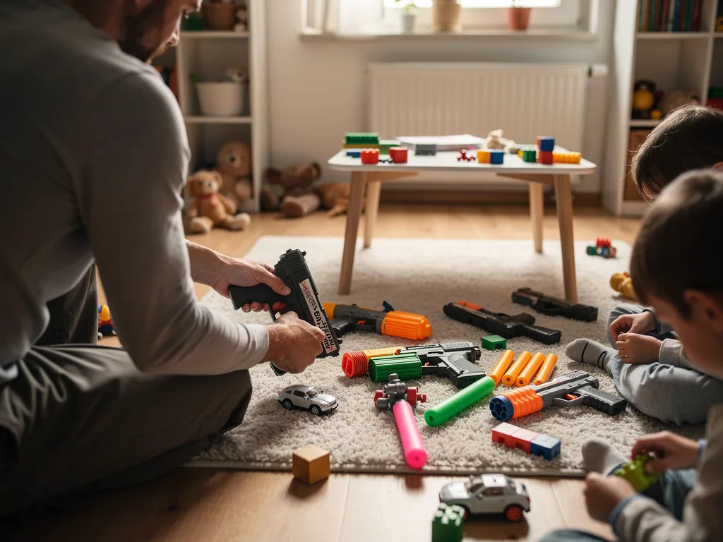Vater und zwei Kinder sitzen im Kinderzimmer auf dem Teppich zwischen Spielzeugpistolen, Schaumstoffpfeilen und Bauklötzen.
