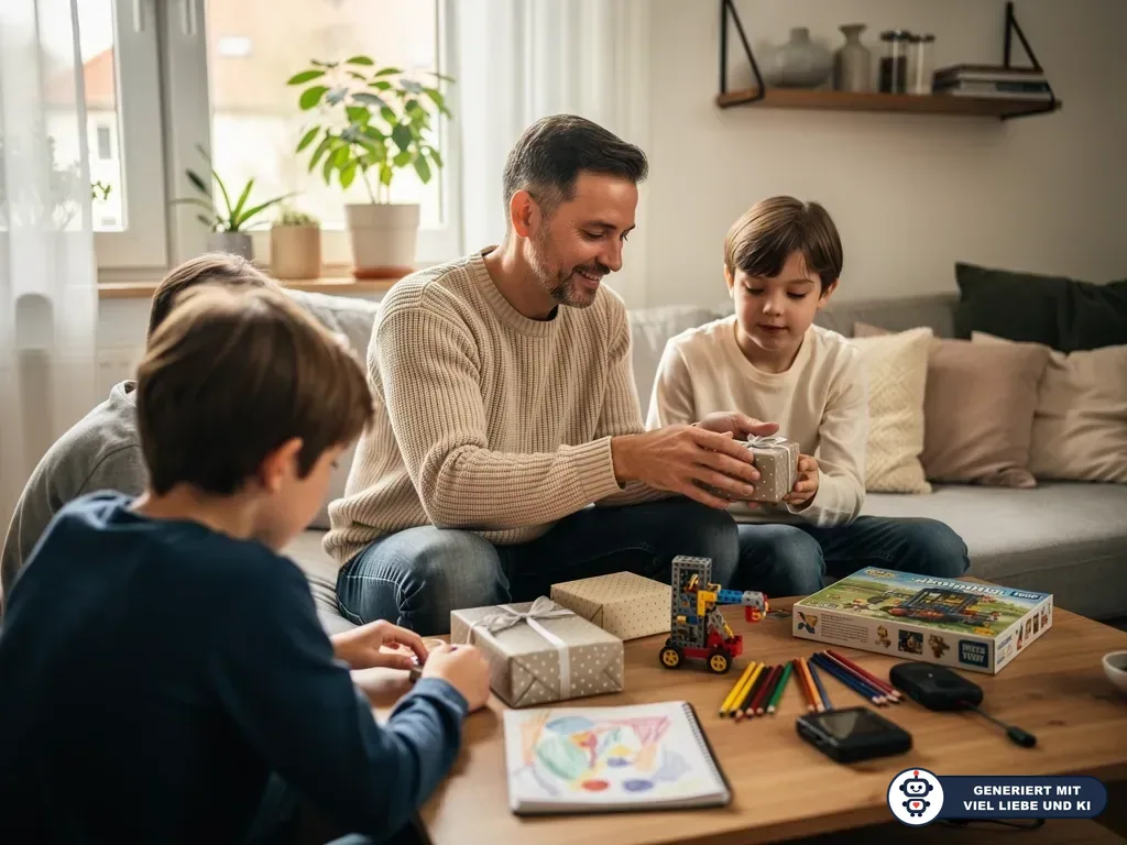 Vater und zwei Kinder sitzen im Wohnzimmer am Tisch mit Geschenken, Spielzeug, Stiften und einem Gesellschaftsspiel. (mit KI erstellt)